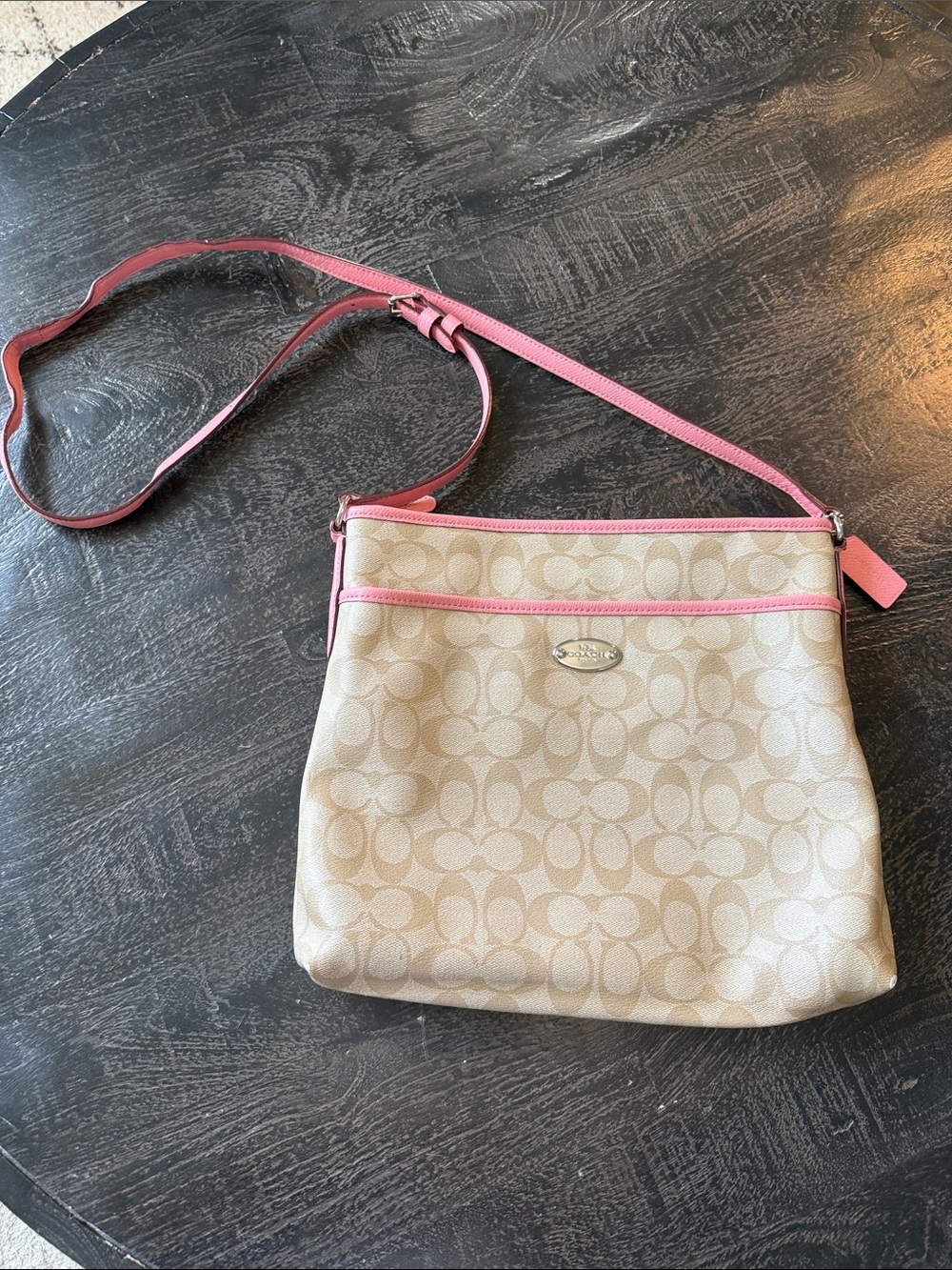 Coach Beige Signature Crossbody with Pink Trim